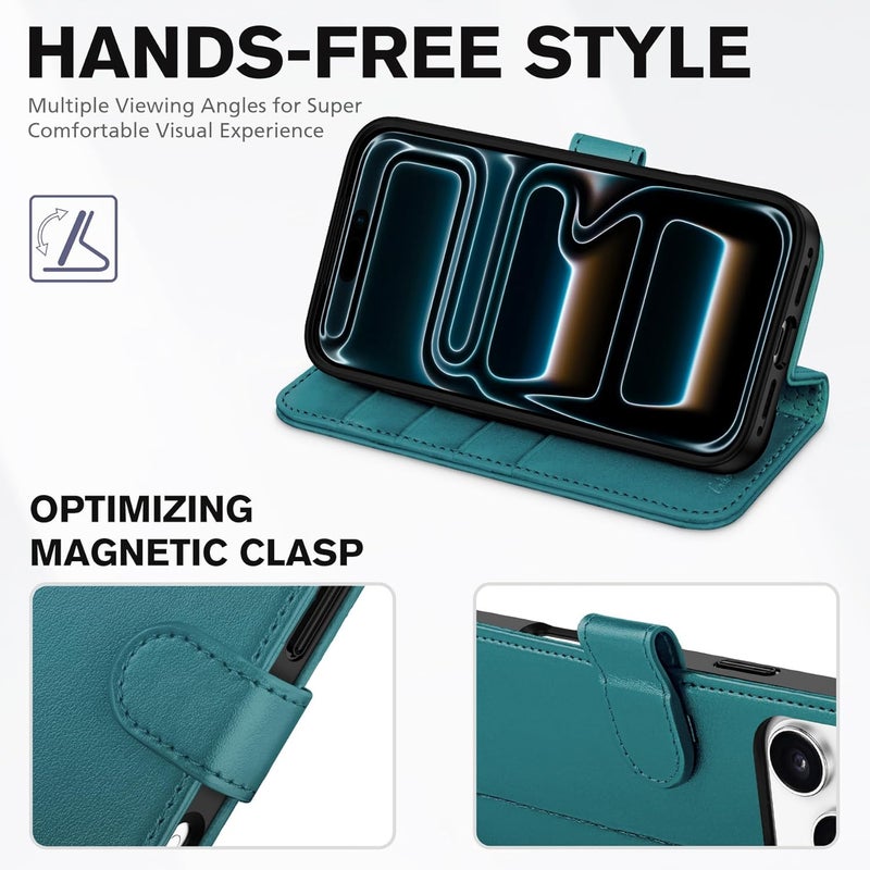 TUCCH Wallet Case for iPhone 17 Pro Max (6.9") 2025, 4 Card Holders | RFID Blocking | Stand | Shockproof TPU Shell | PU Leather | Magnetic Closure | Protective Flip Cover | Bluish Green - Image 4